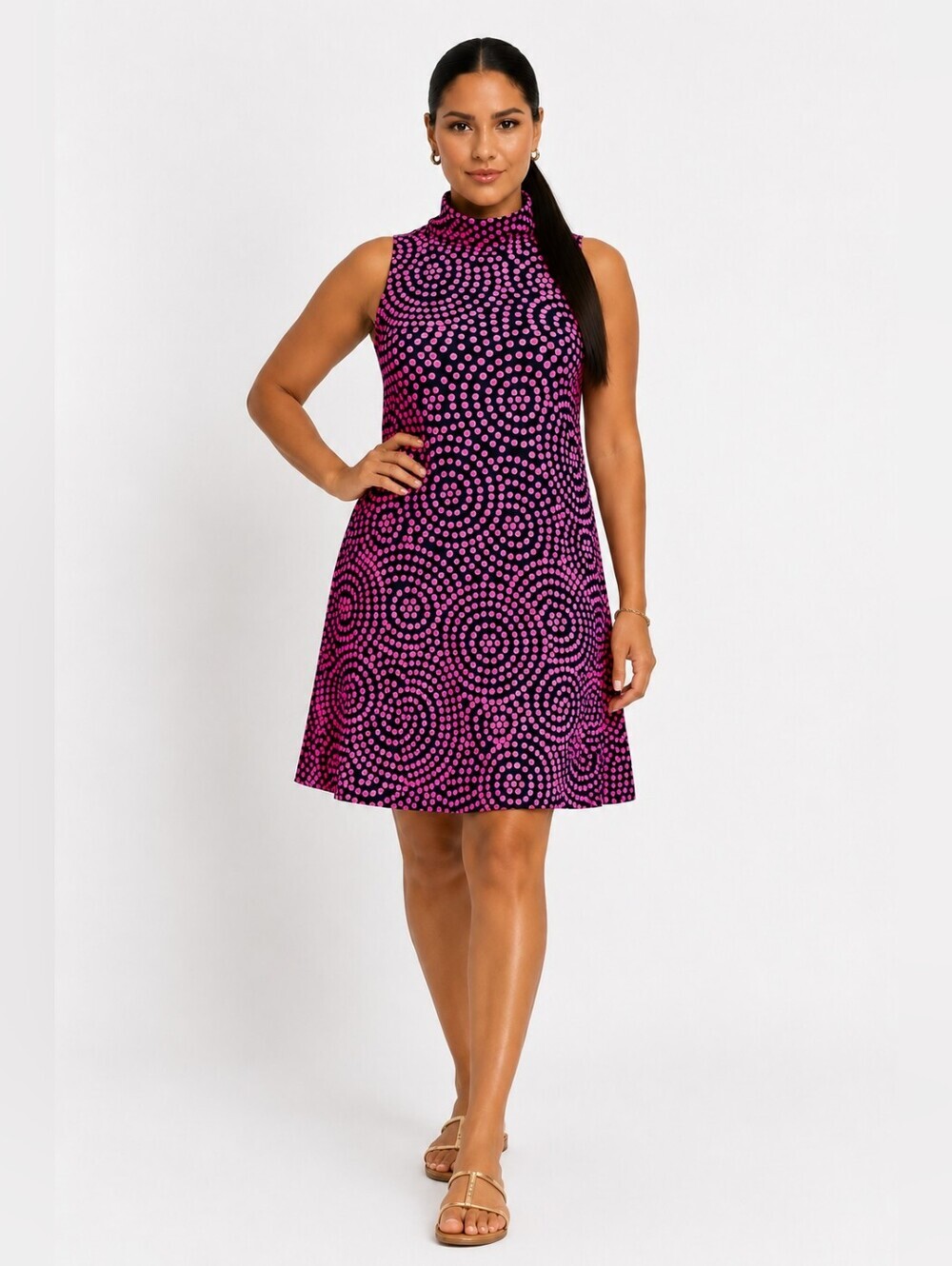 JB by Julie Brown Pink and Navy Blue Sleeveless Mock-Neck A-Line Dress. Size S.